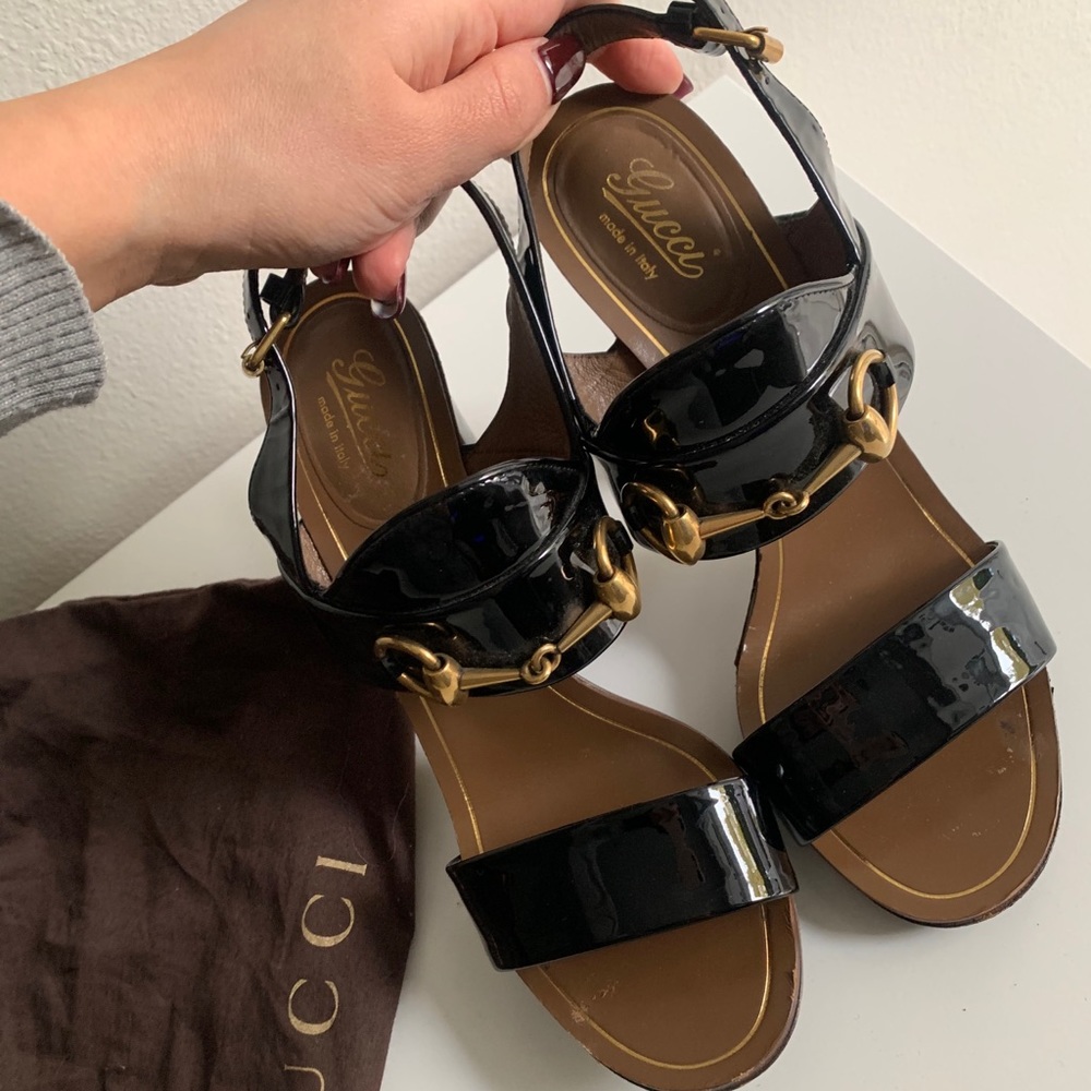 Gucci Patent Black Leather Horsebit Sandal/Heel
